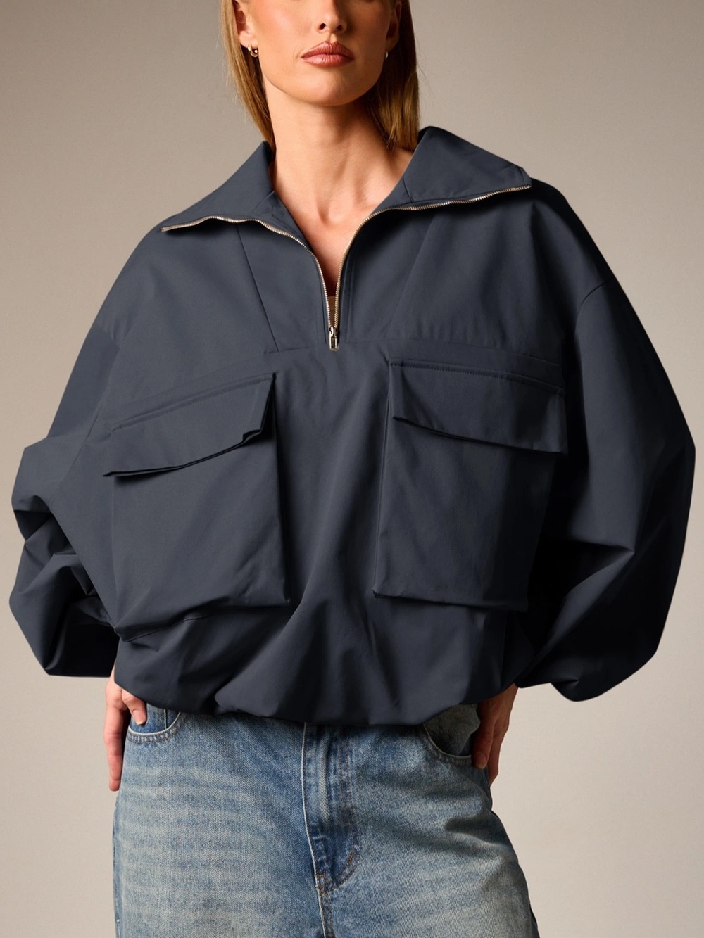 Boxy Navy Half-Zip Utility Jacket with Front Flap Pockets